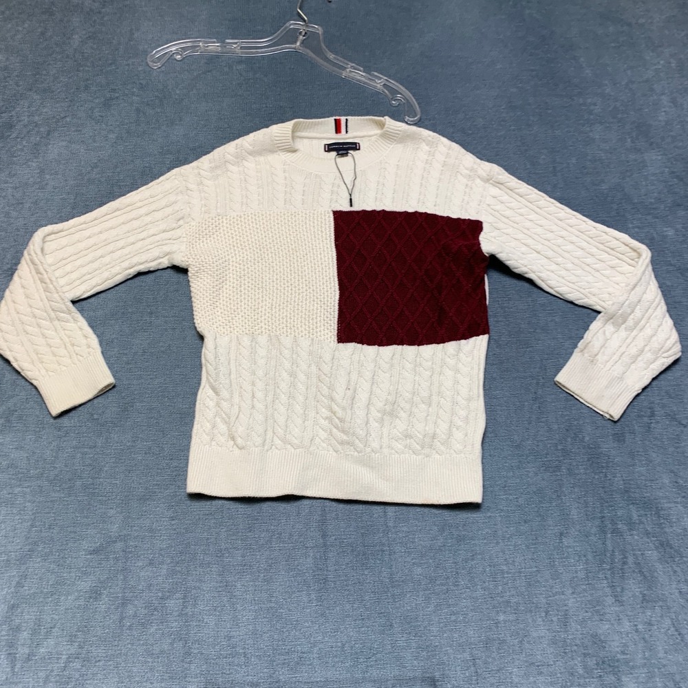 Tommy Hilfiger Cable Knit Sweater Kids Medium 8-10 White Flag Logo Winter Wear